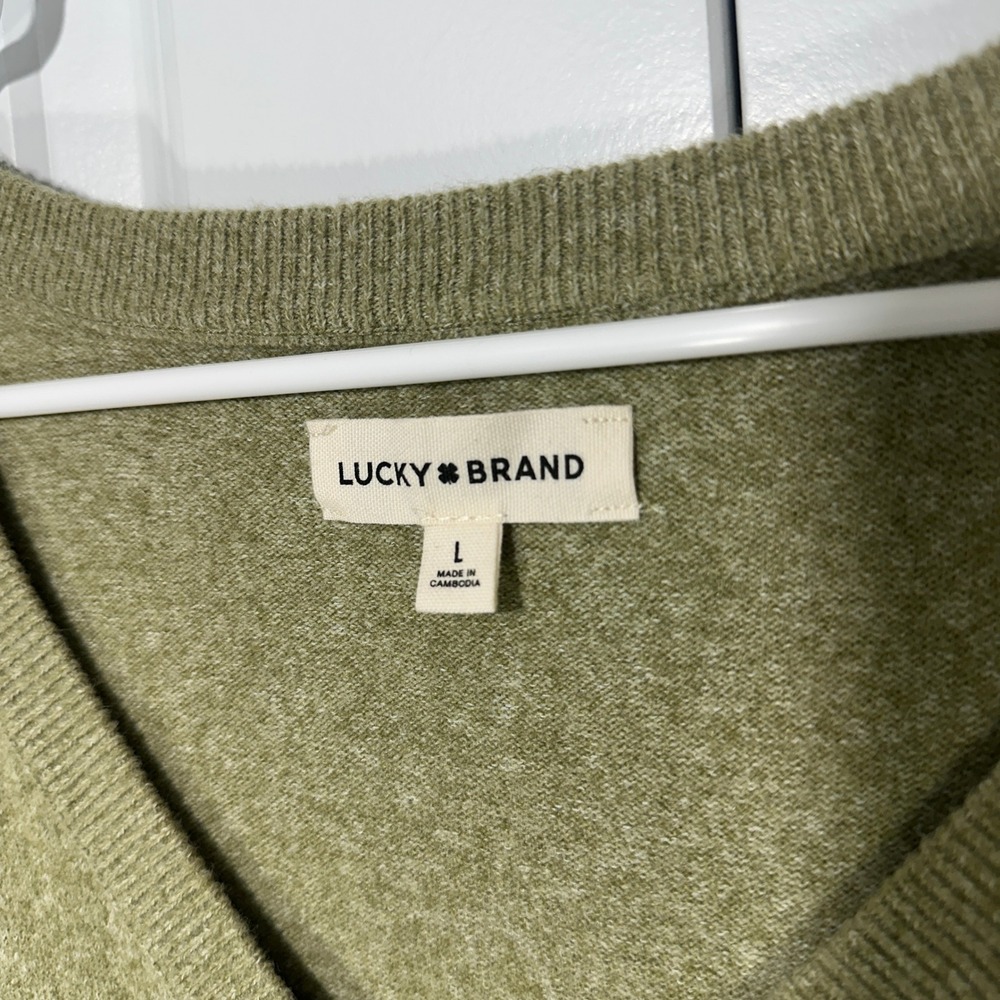 Lucky Brand V-Neck Sweater Women Size L Olive Green‎ Heathered Knit Super Soft - Picture 2 of 6
